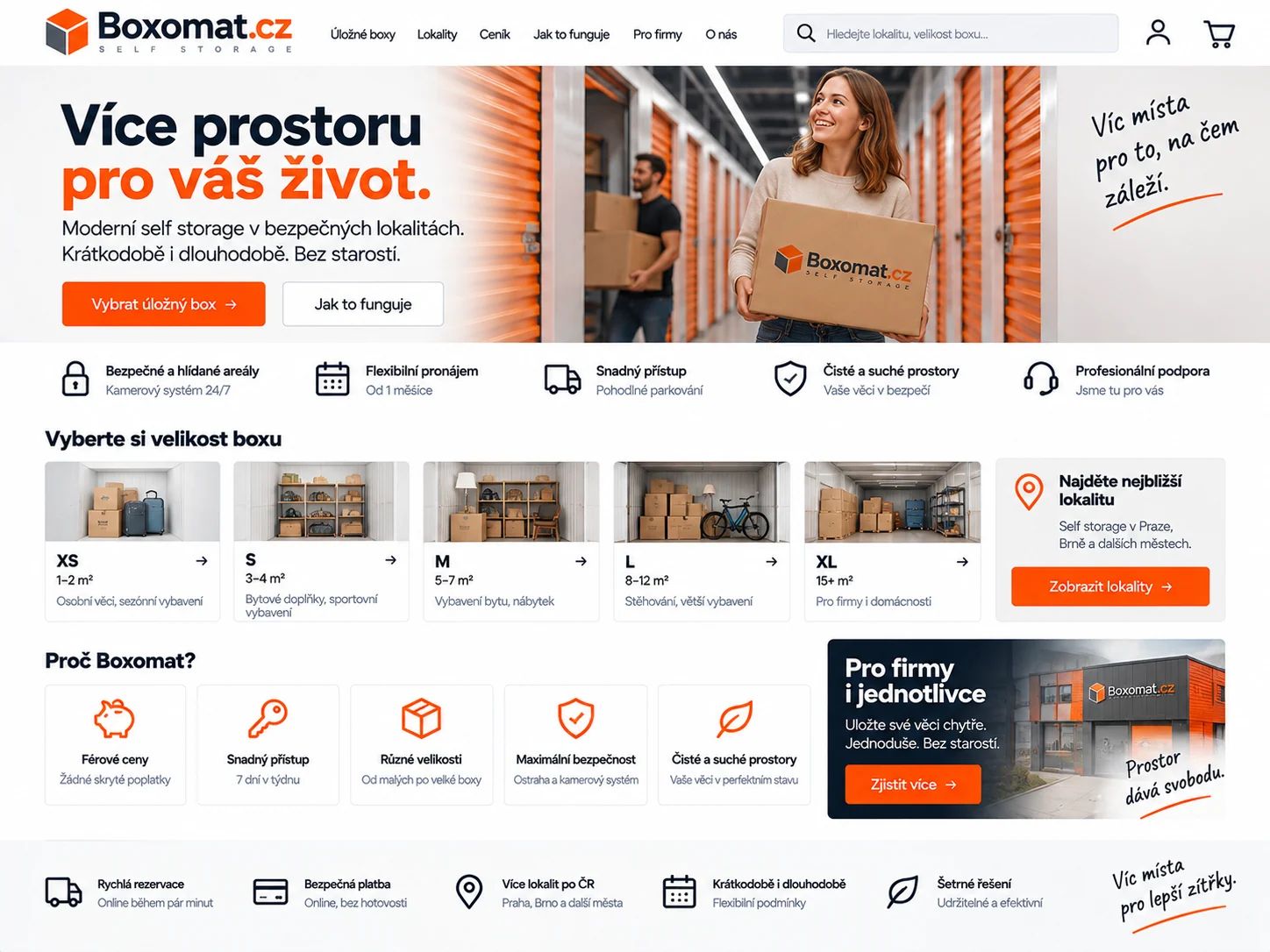 Ilustrační návrh pro Boxomat.cz: síť samoobslužných skladovacích boxů typu self storage